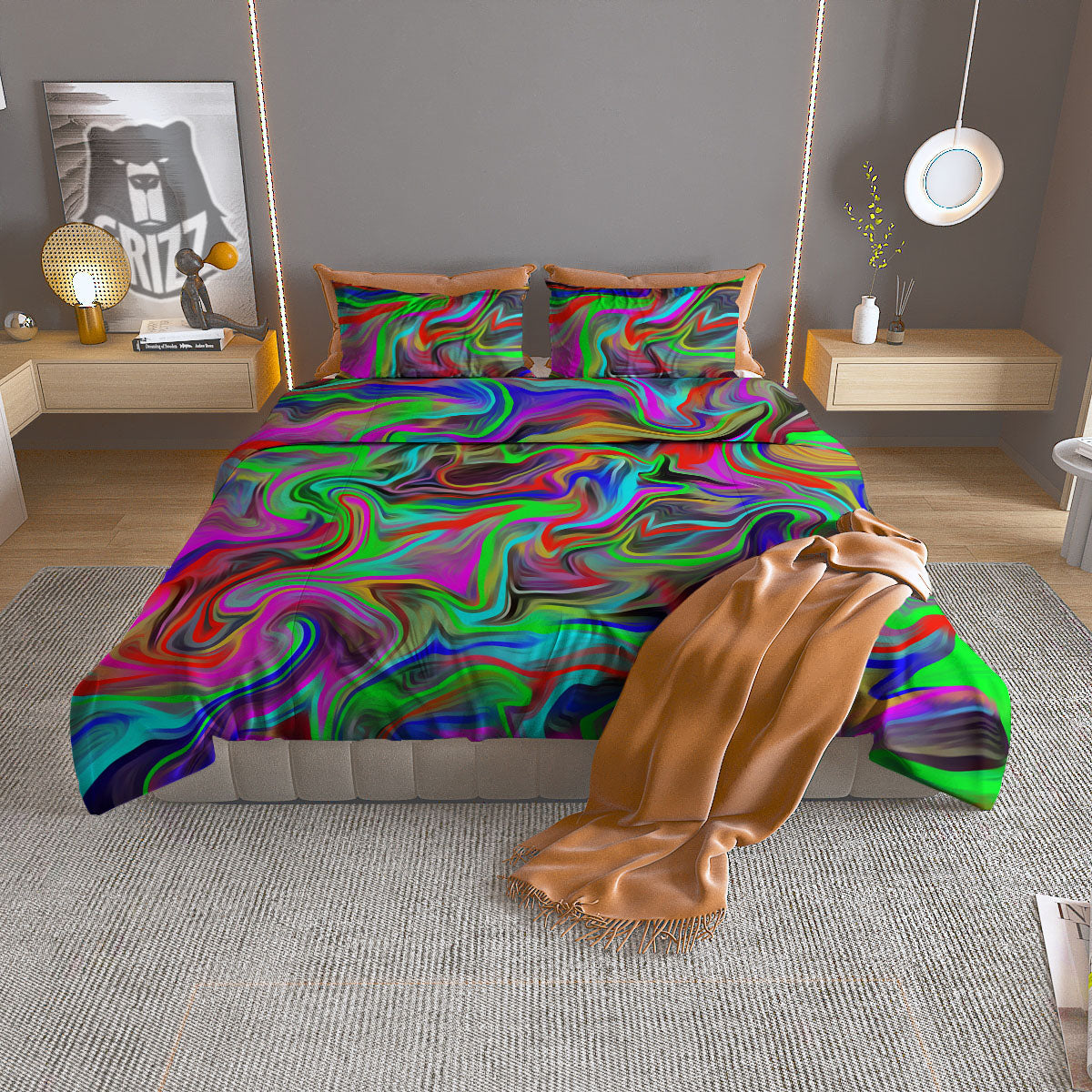 Psychedelic Trippy Neon Green Print Duvet Cover Bedding Set