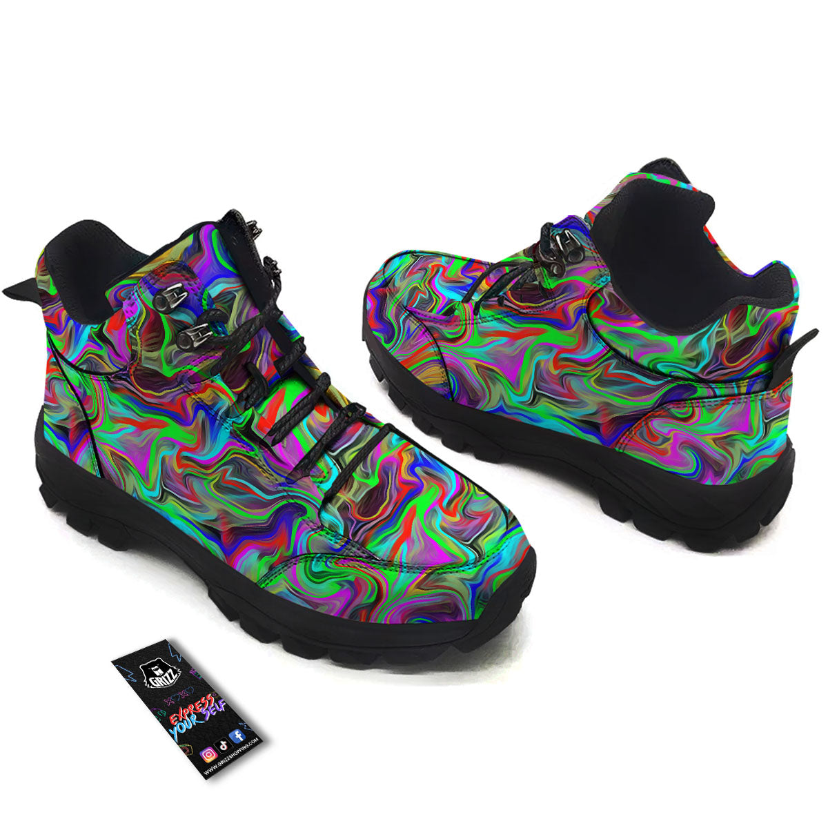 Psychedelic Trippy Neon Green Print Hiking Shoes-grizzshop