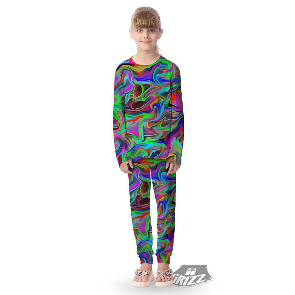 Psychedelic Trippy Neon Green Print Kid's Pajamas-grizzshop