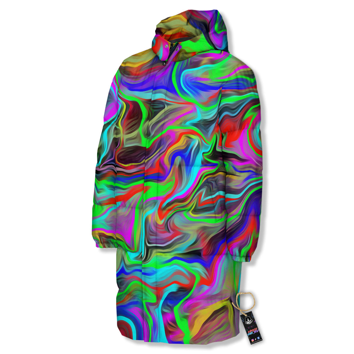 Psychedelic Trippy Neon Green Print Long Down Jacket-grizzshop
