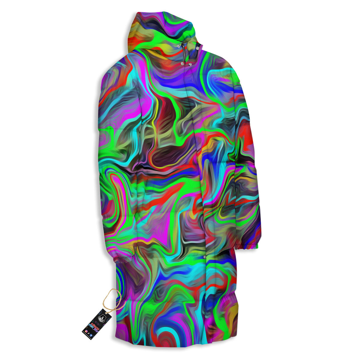 Psychedelic Trippy Neon Green Print Long Down Jacket-grizzshop