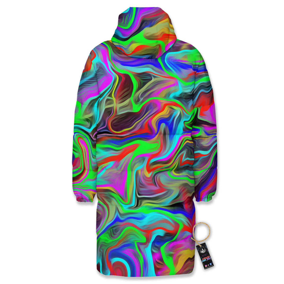 Psychedelic Trippy Neon Green Print Long Down Jacket-grizzshop