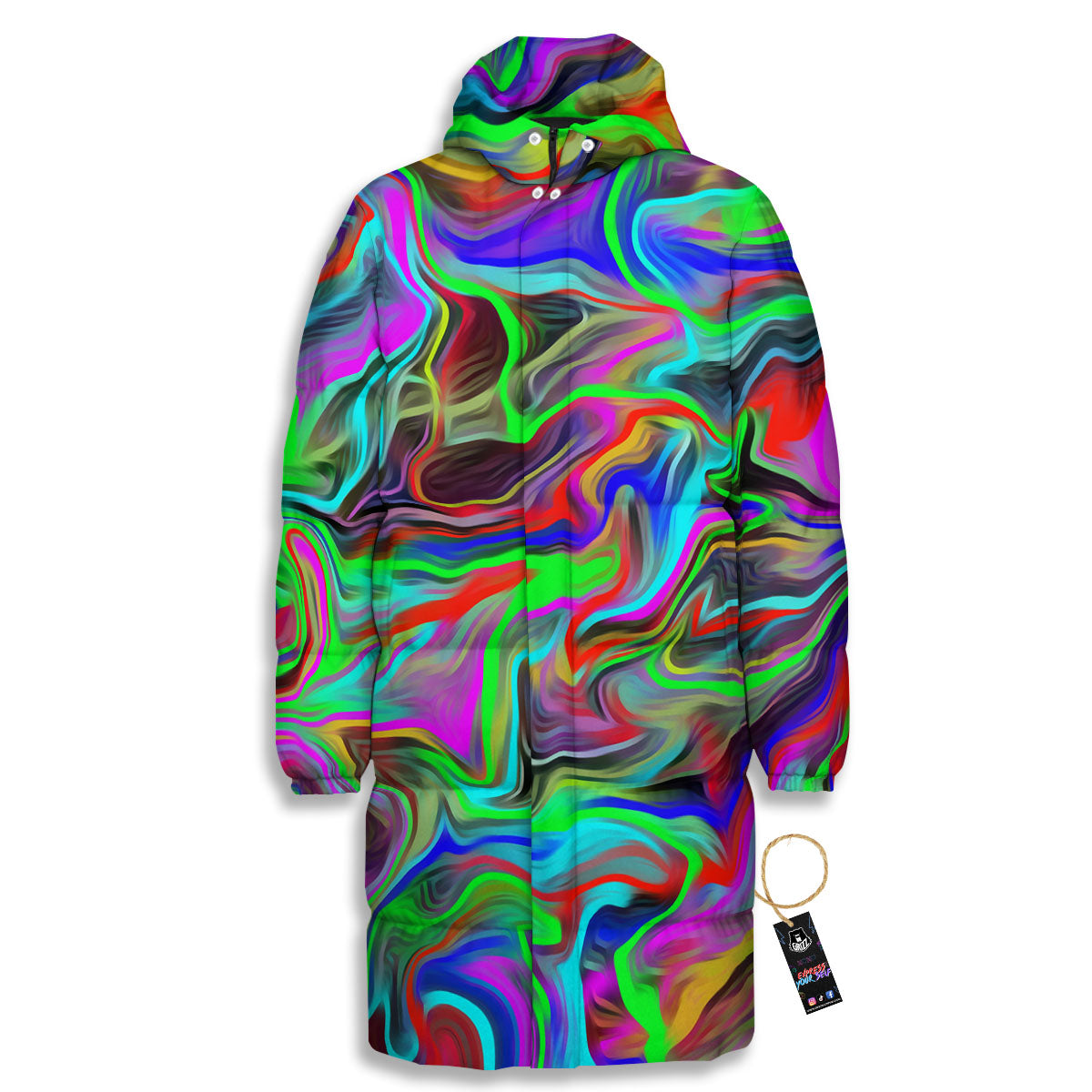 Psychedelic Trippy Neon Green Print Long Down Jacket-grizzshop