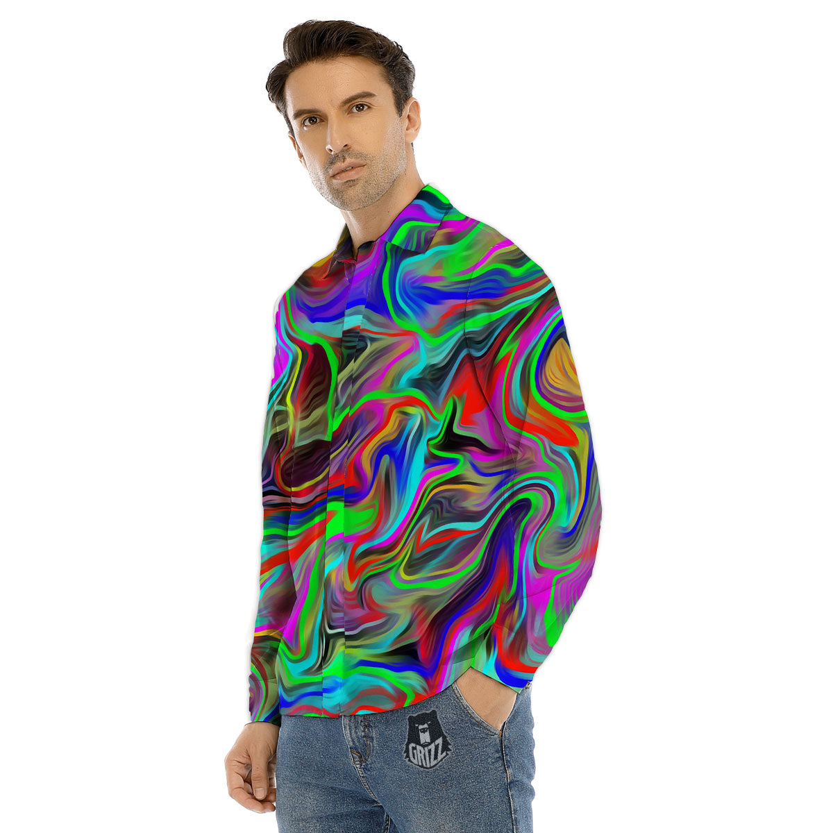 Psychedelic Trippy Neon Green Print Men's Dress Shirts-grizzshop