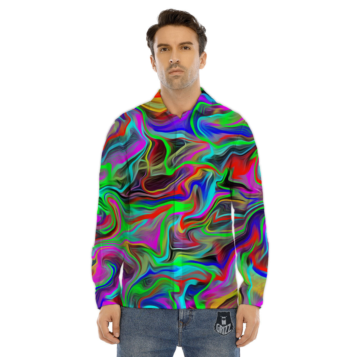 Psychedelic Trippy Neon Green Print Men's Dress Shirts-grizzshop