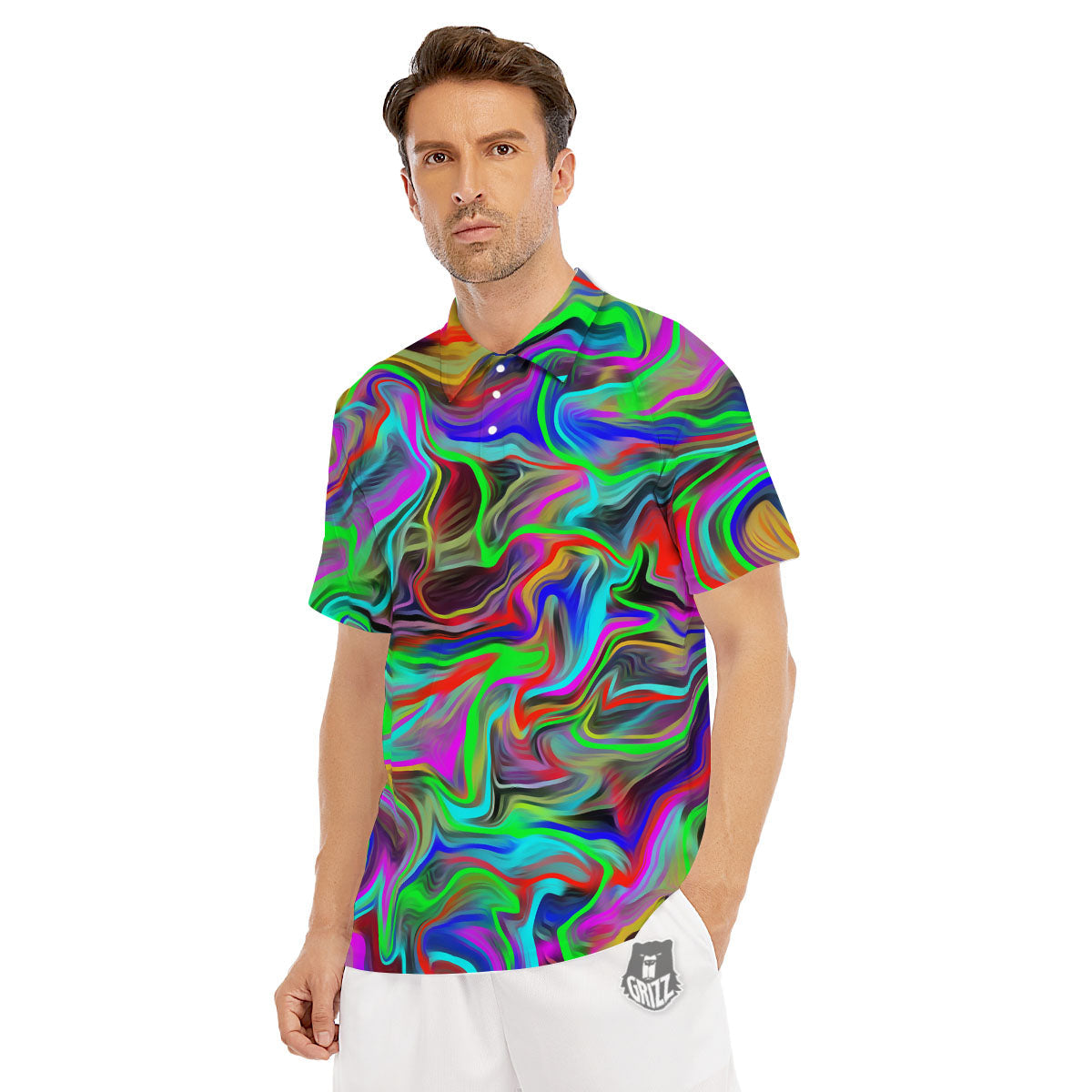 Psychedelic Trippy Neon Green Print Men's Golf Shirts-grizzshop