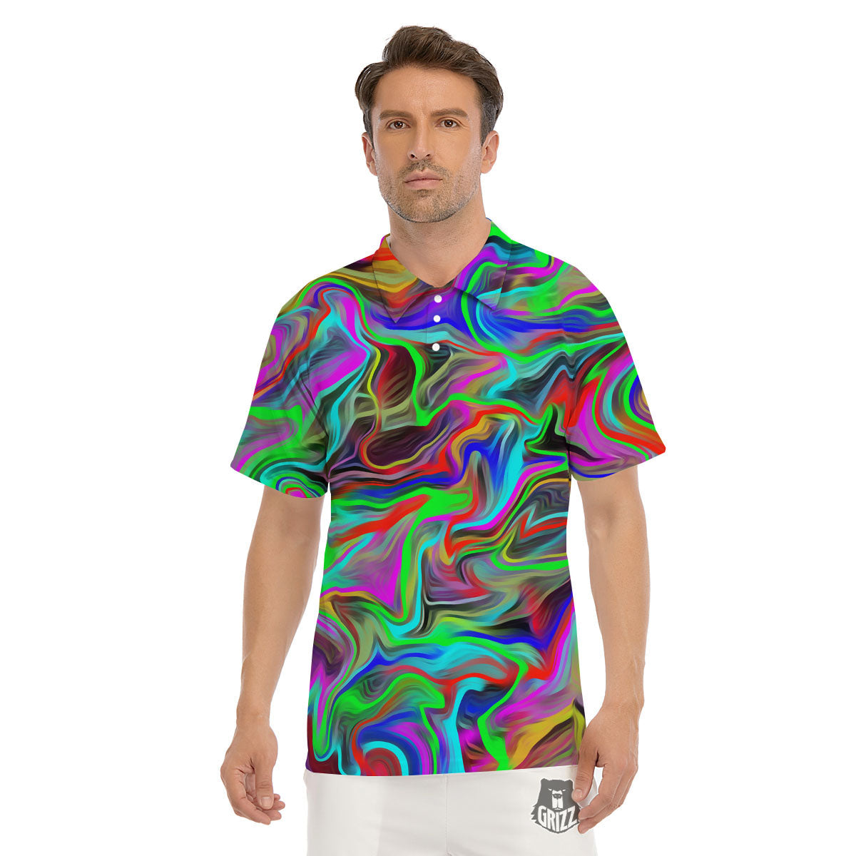 Psychedelic Trippy Neon Green Print Men's Golf Shirts-grizzshop