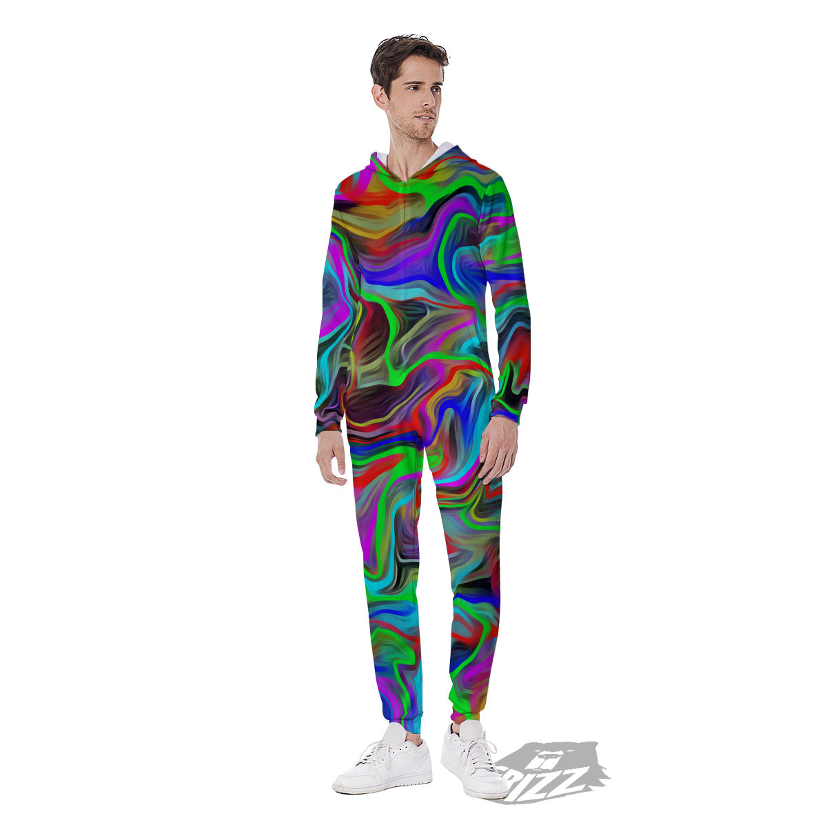 Psychedelic Trippy Neon Green Print Men's Jumpsuit-grizzshop