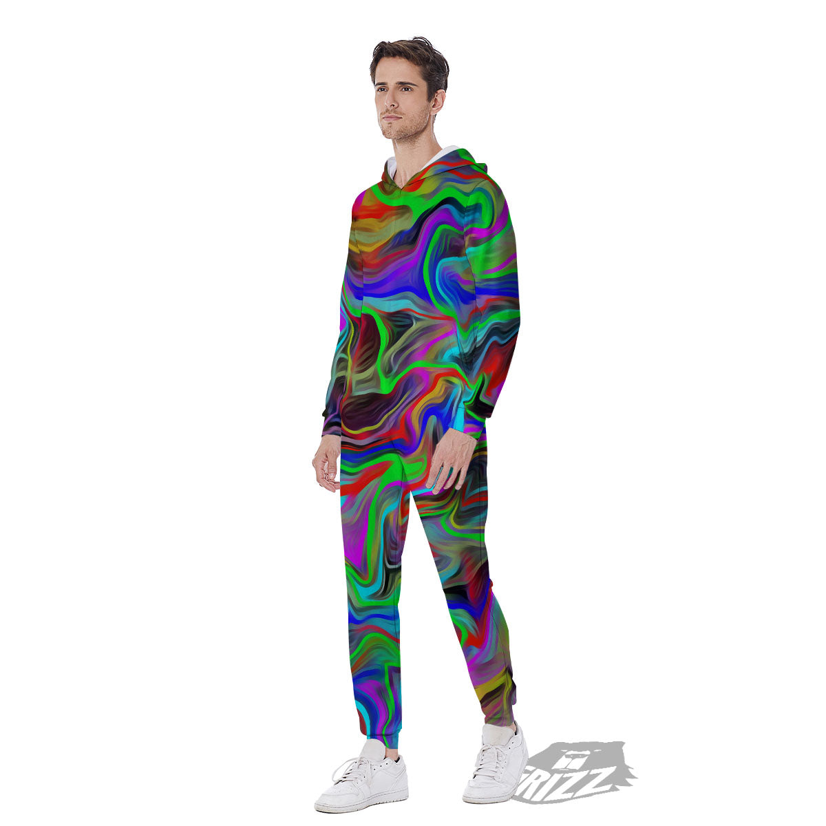 Psychedelic Trippy Neon Green Print Men's Jumpsuit-grizzshop
