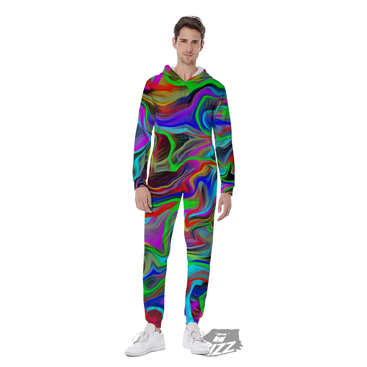 Psychedelic Trippy Neon Green Print Men's Jumpsuit-grizzshop