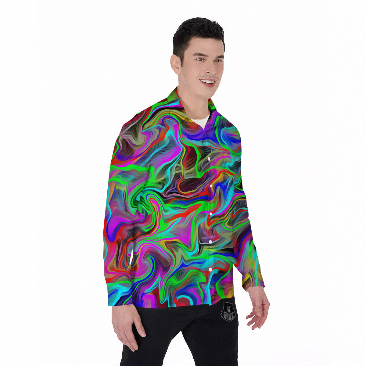 Psychedelic Trippy Neon Green Print Men's Long Sleeve Shirts-grizzshop