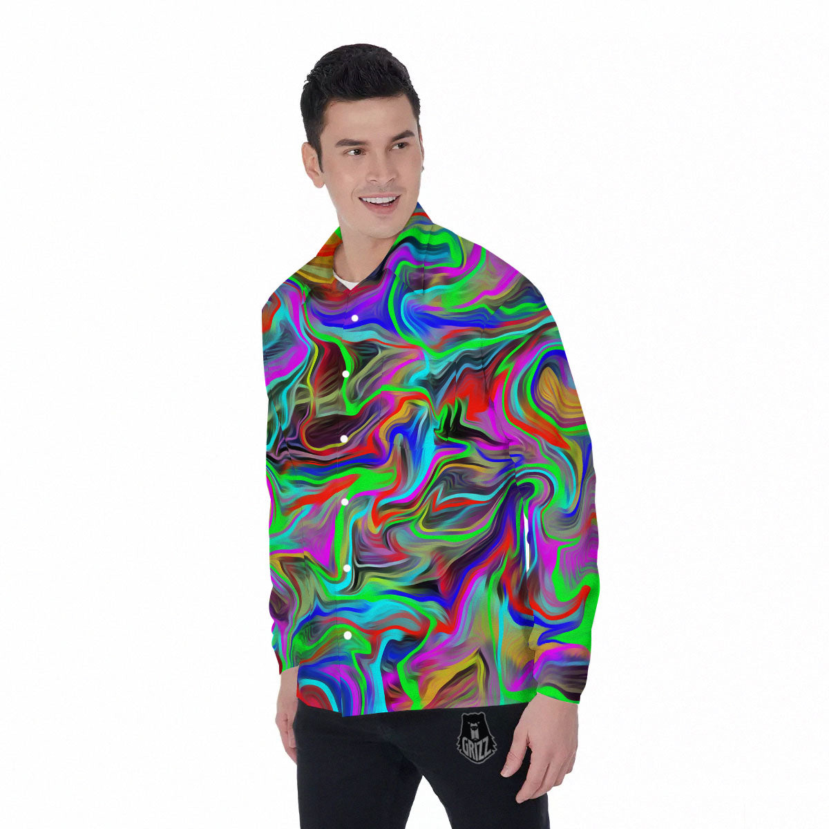 Psychedelic Trippy Neon Green Print Men's Long Sleeve Shirts-grizzshop