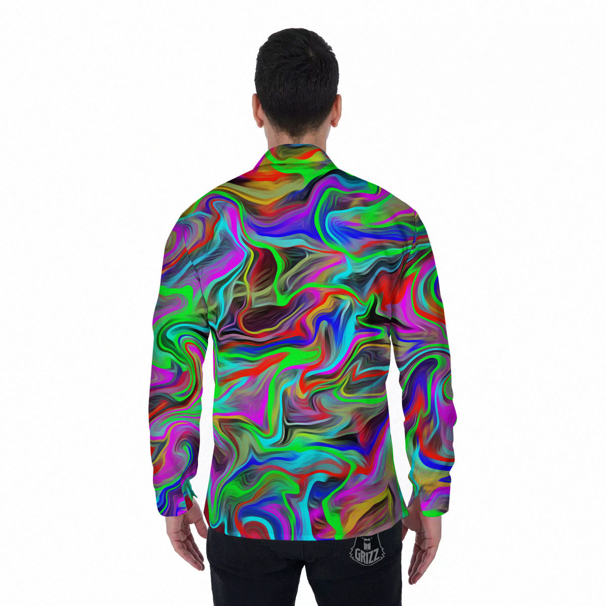 Psychedelic Trippy Neon Green Print Men's Long Sleeve Shirts-grizzshop
