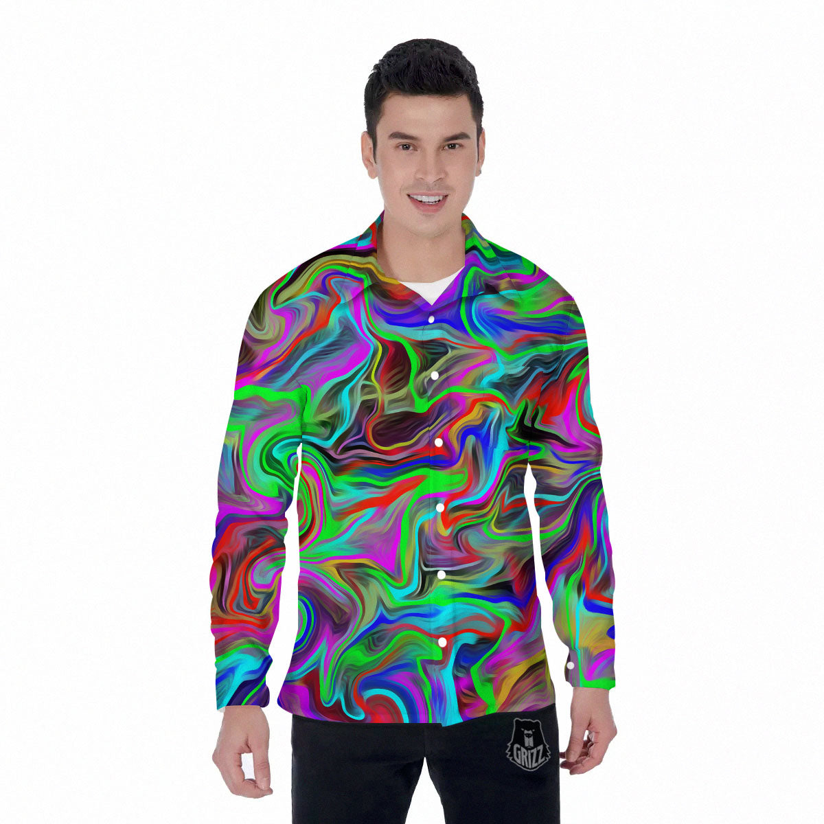 Psychedelic Trippy Neon Green Print Men's Long Sleeve Shirts-grizzshop