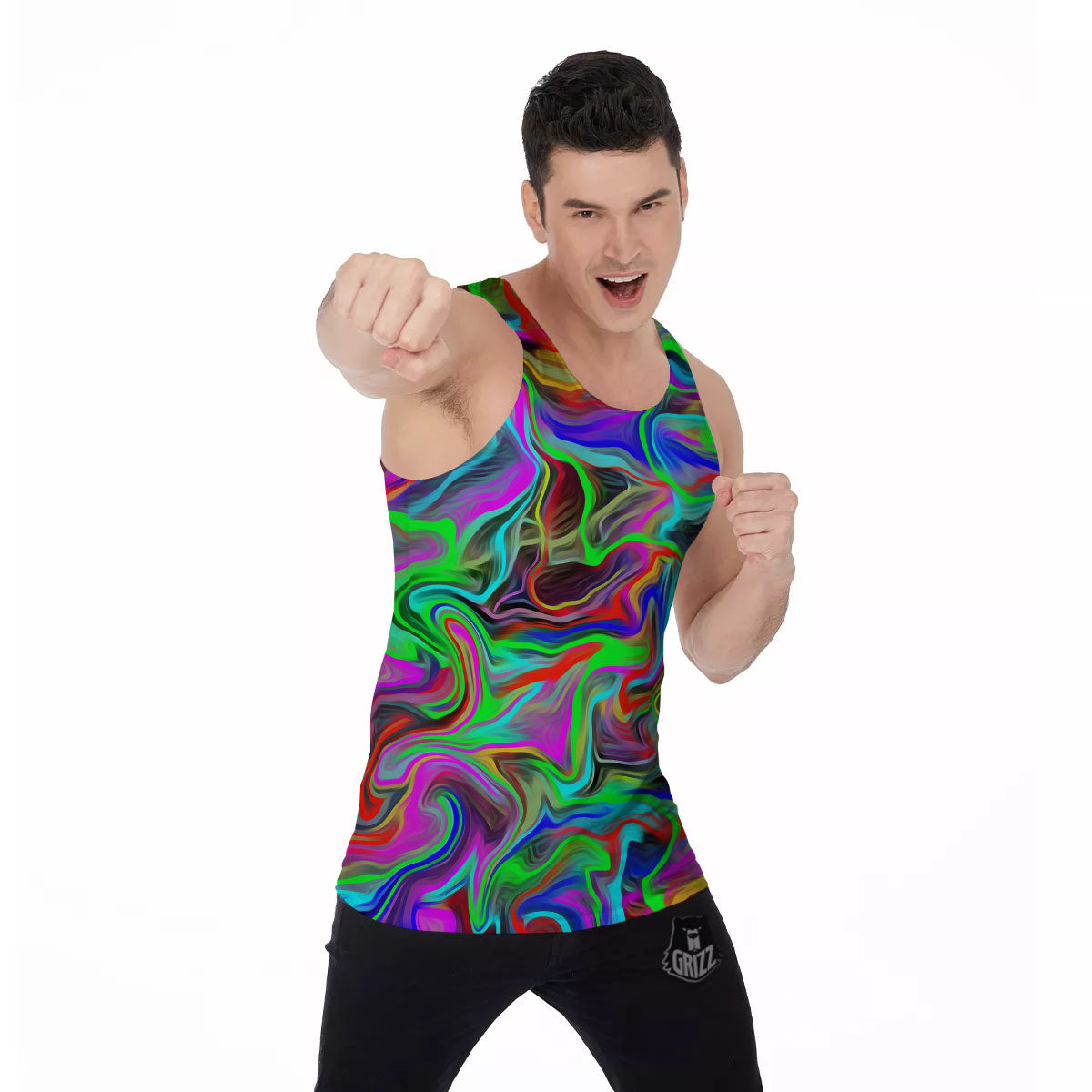 Psychedelic Trippy Neon Green Print Men's Tank Top-grizzshop