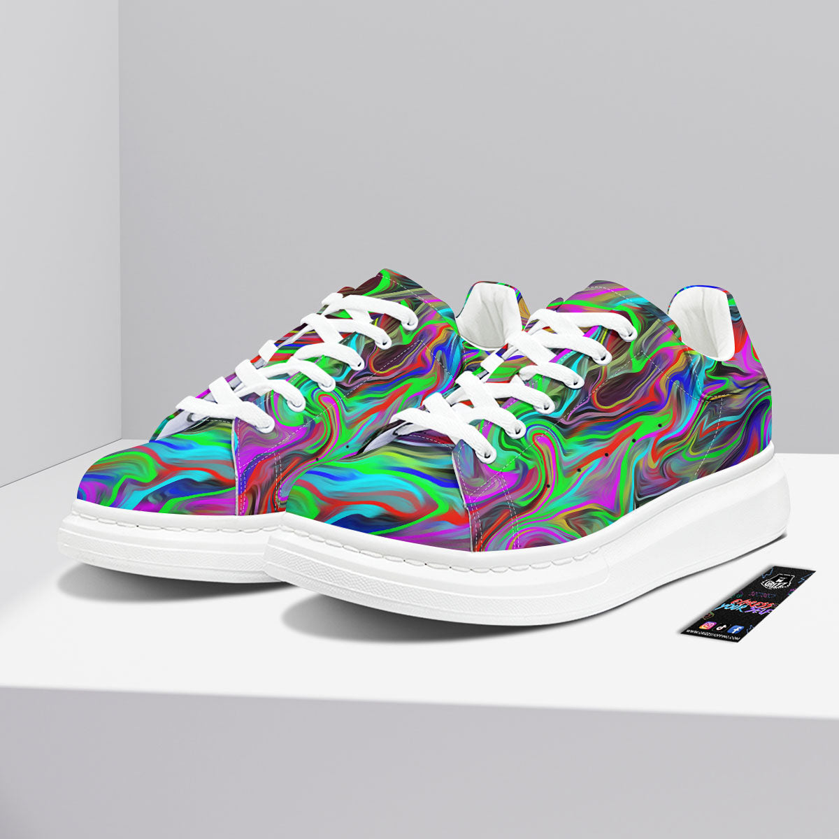 Psychedelic Trippy Neon Green Print Platform Shoes-grizzshop