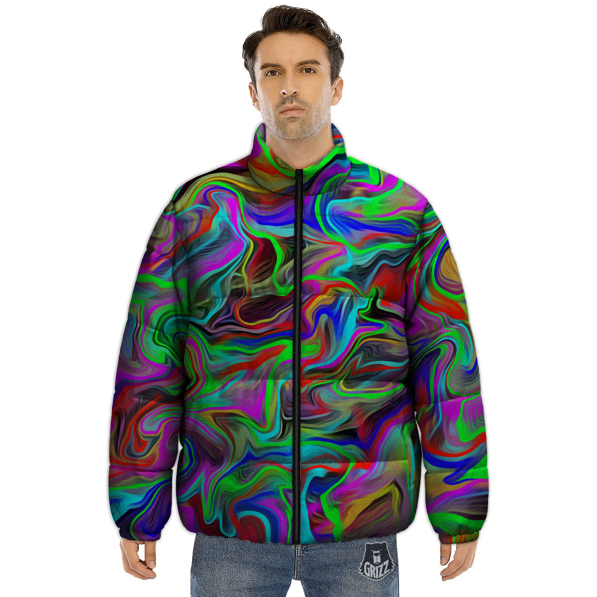 Psychedelic Trippy Neon Green Print Puffer Jacket-grizzshop