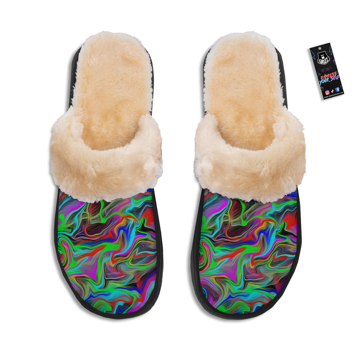 Psychedelic Trippy Neon Green Print Slippers-grizzshop
