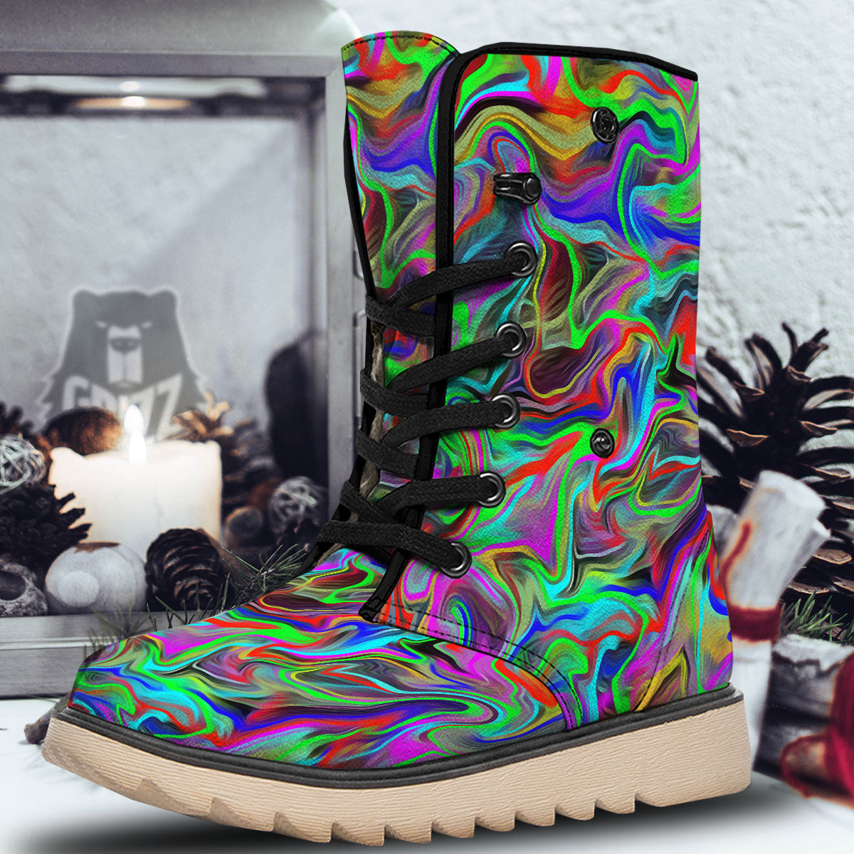 Psychedelic Trippy Neon Green Print Snow Boots-grizzshop