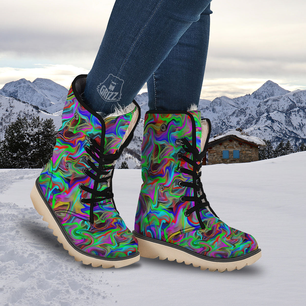Psychedelic Trippy Neon Green Print Snow Boots-grizzshop