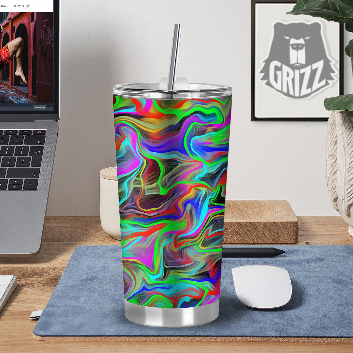 Psychedelic Trippy Neon Green Print Tumbler-grizzshop