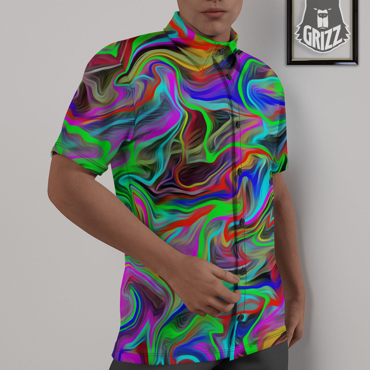 Psychedelic Trippy Neon Green Print Untucked Shirts-grizzshop