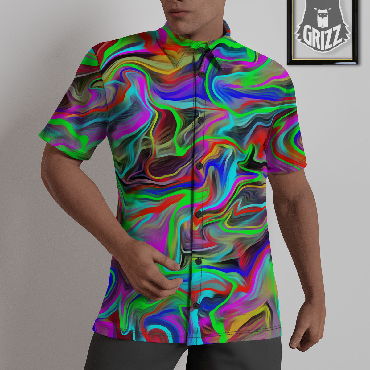 Psychedelic Trippy Neon Green Print Untucked Shirts-grizzshop