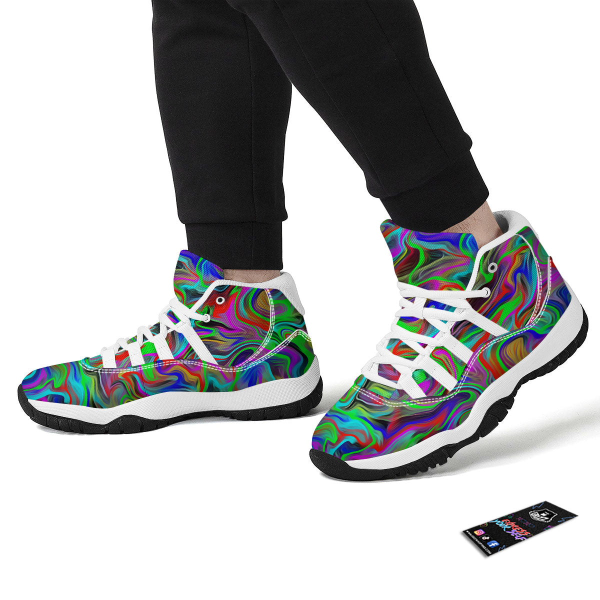 Psychedelic Trippy Neon Green Print White Bball Shoes-grizzshop