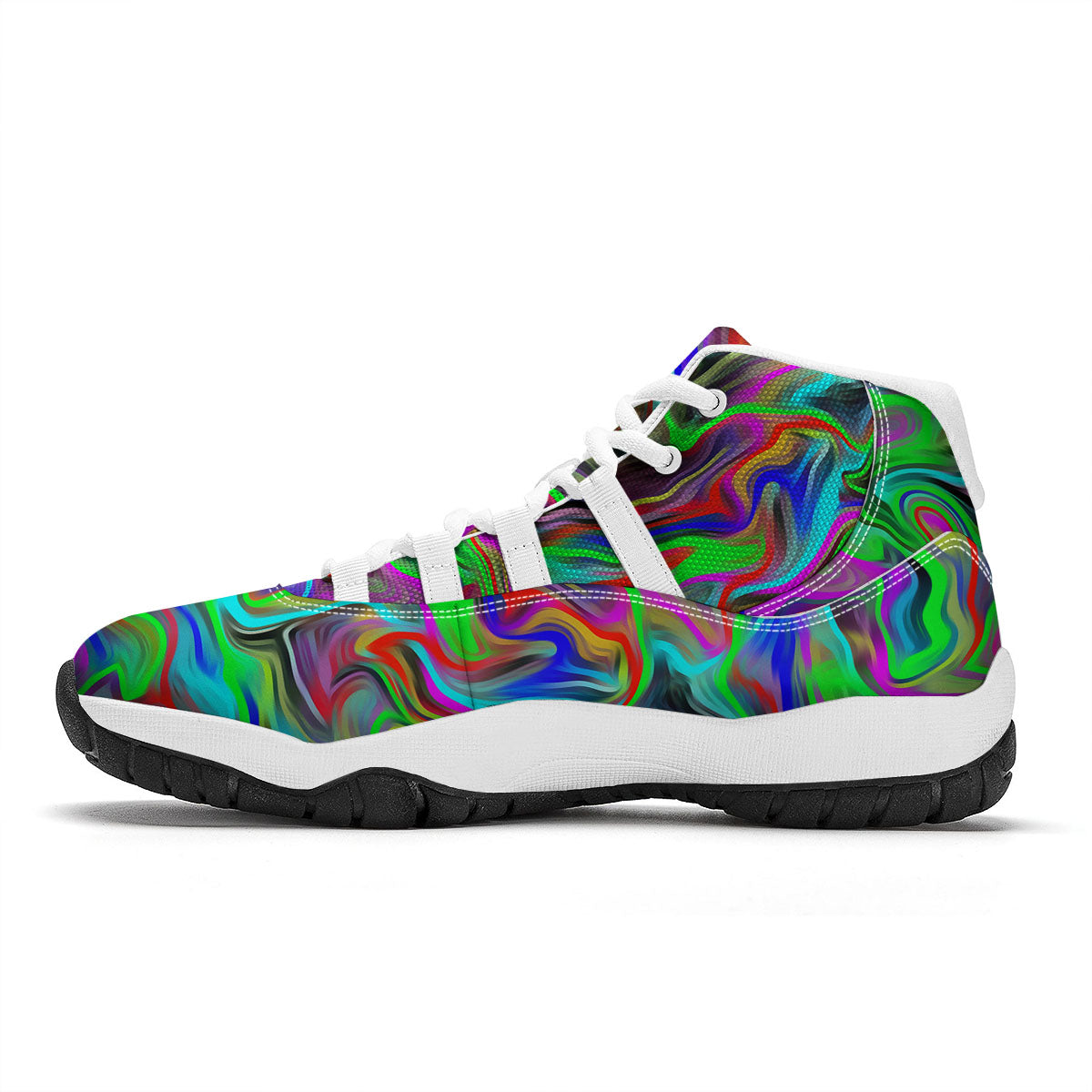 Psychedelic Trippy Neon Green Print White Bball Shoes-grizzshop