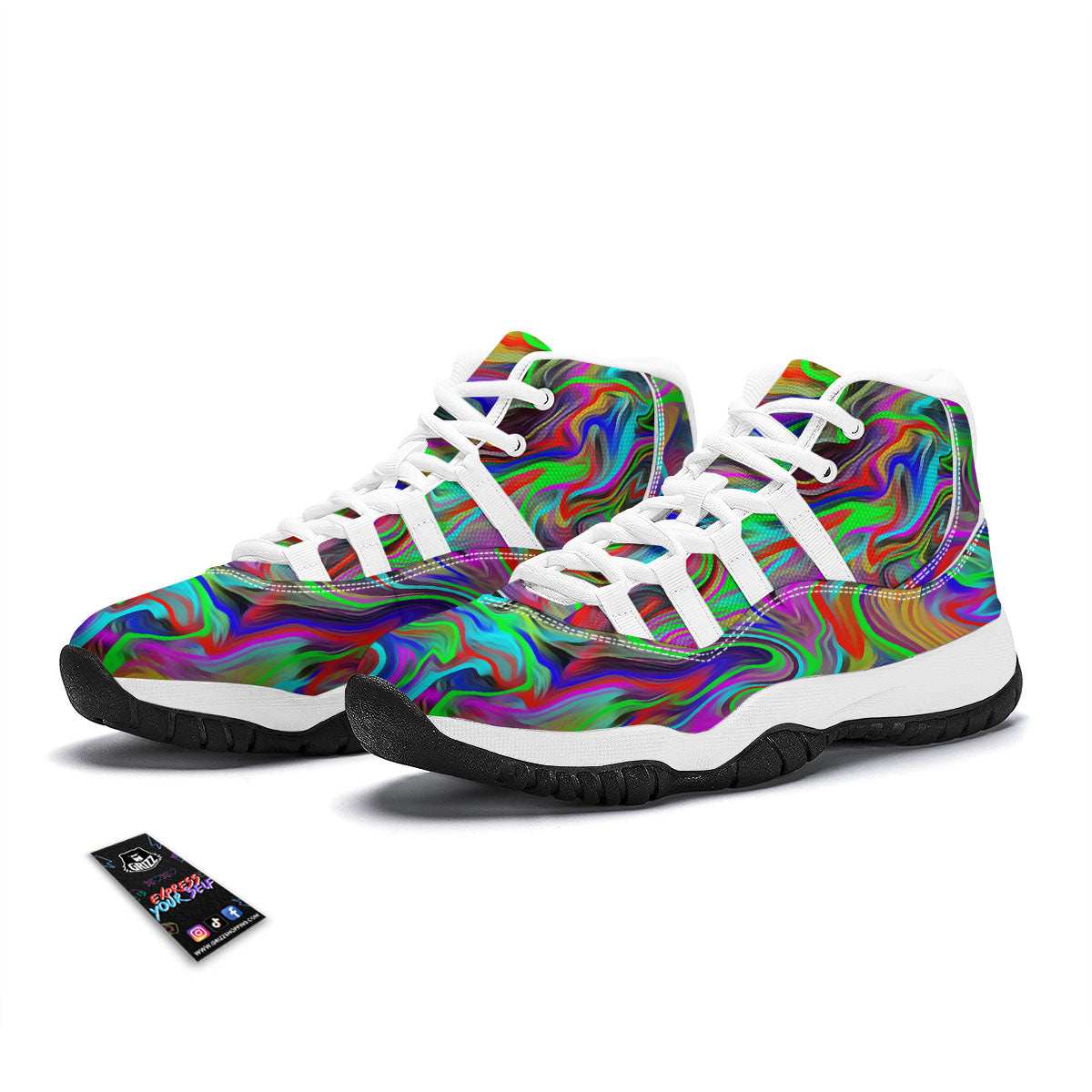 Psychedelic Trippy Neon Green Print White Bball Shoes-grizzshop
