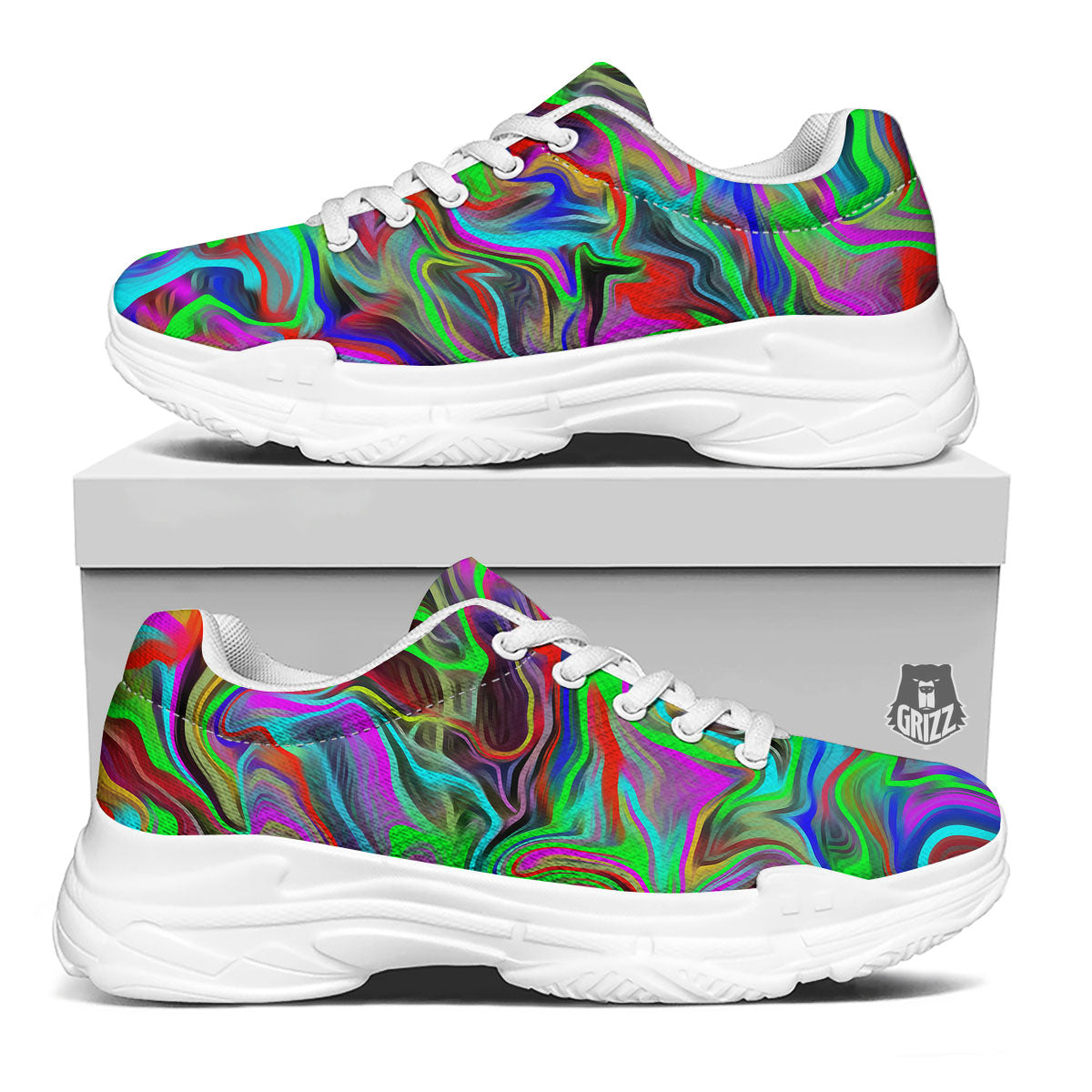 Psychedelic Trippy Neon Green Print White Chunky Shoes-grizzshop