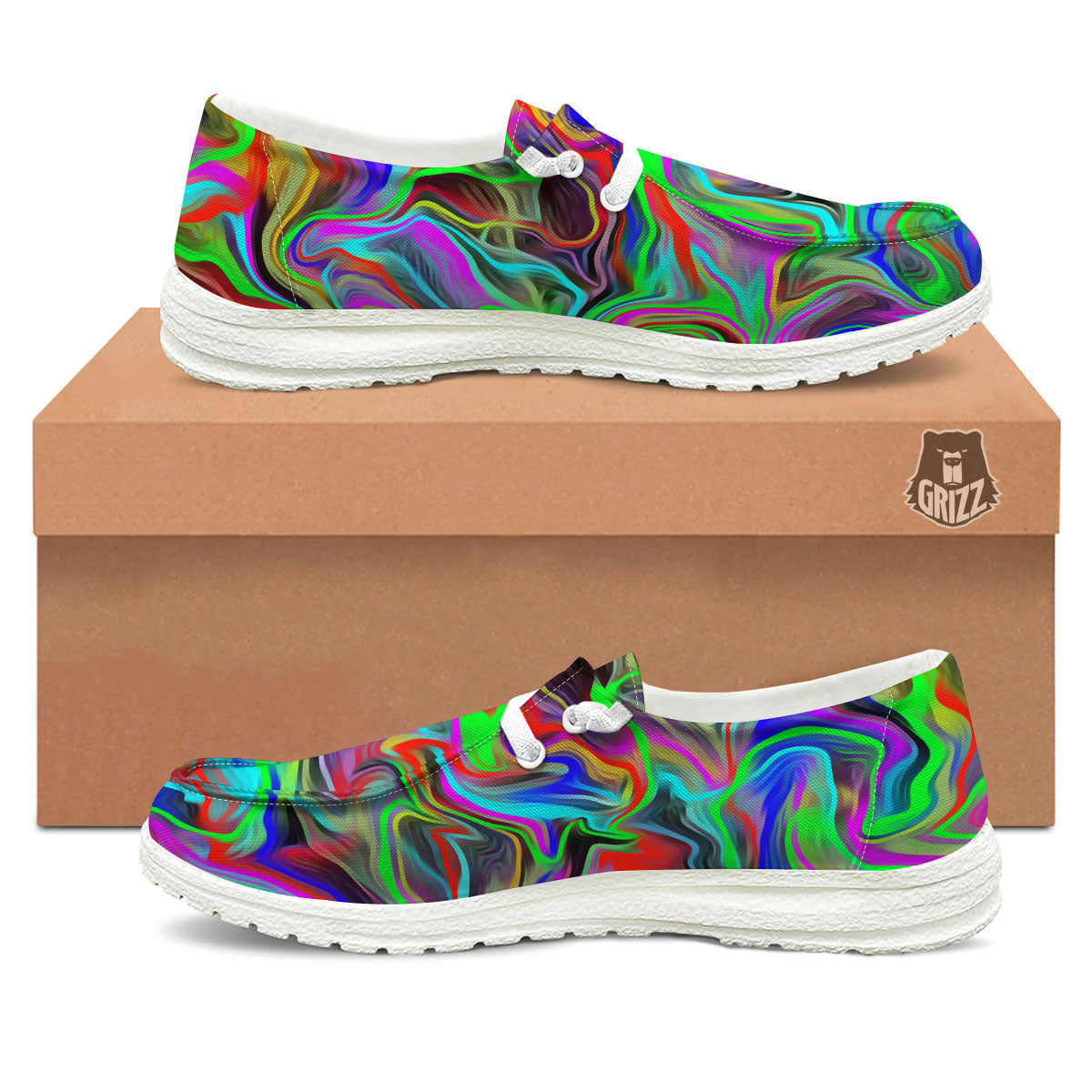 Psychedelic Trippy Neon Green Print White Loafers-grizzshop