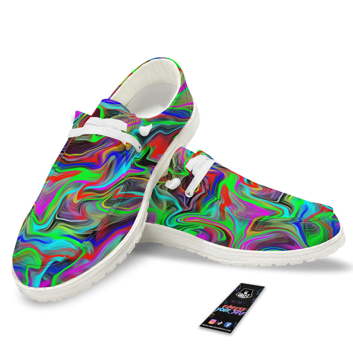 Psychedelic Trippy Neon Green Print White Loafers-grizzshop
