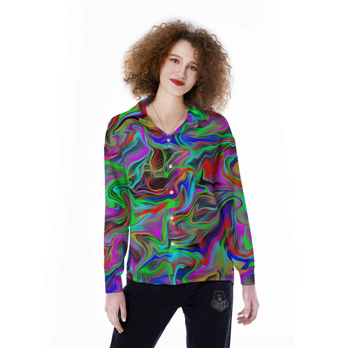 Psychedelic Trippy Neon Green Print Women's Long Sleeve Shirts-grizzshop