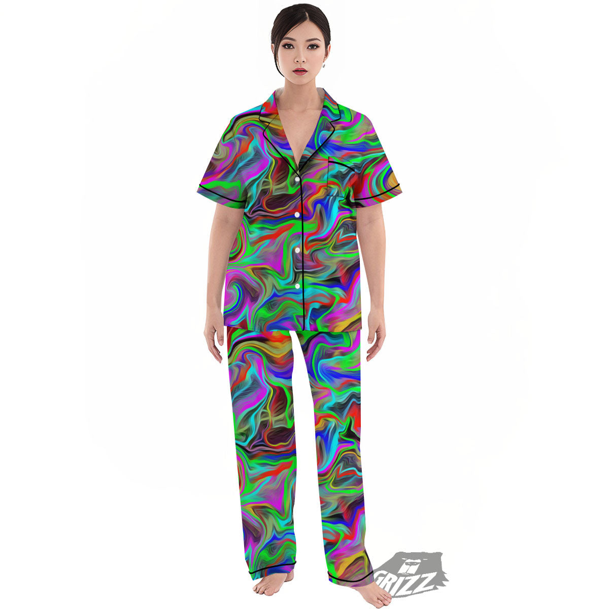 Psychedelic Trippy Neon Green Print Women's Pajamas Set-grizzshop