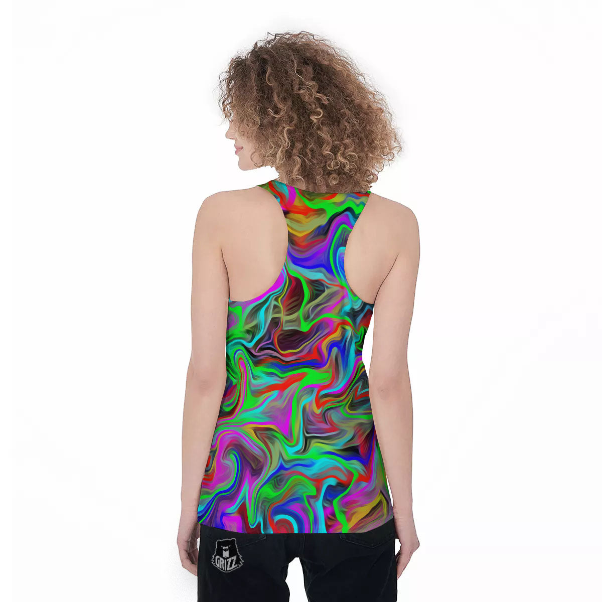 Psychedelic Trippy Neon Green Print Women's Racerback Tank Top-grizzshop