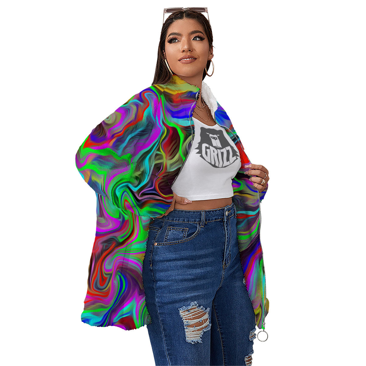 Psychedelic Trippy Neon Green Print Women's Sherpa Jacket-grizzshop