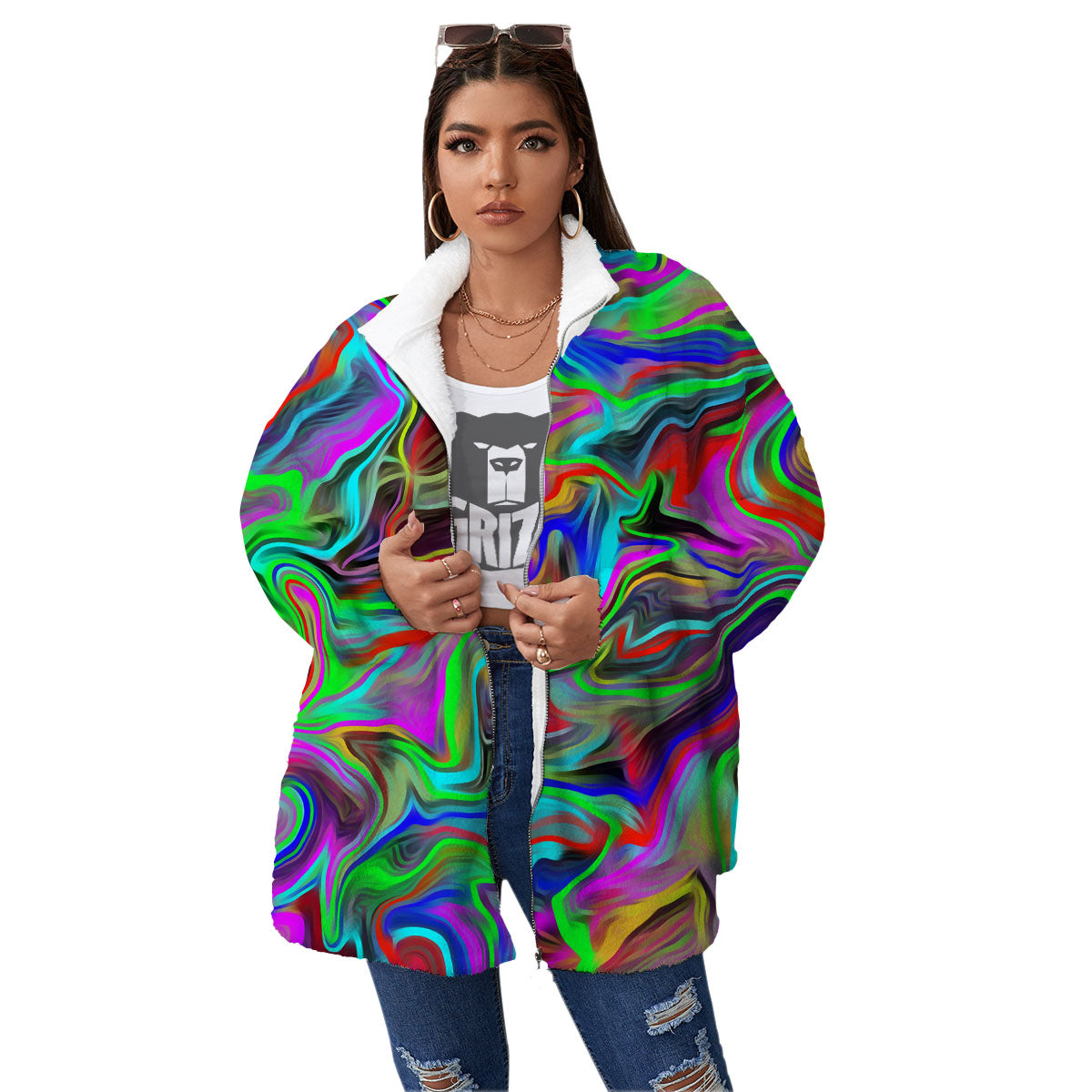 Psychedelic Trippy Neon Green Print Women's Sherpa Jacket-grizzshop
