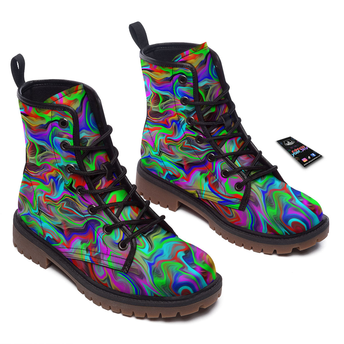 Psychedelic Trippy Neon Green Print Work Boots-grizzshop