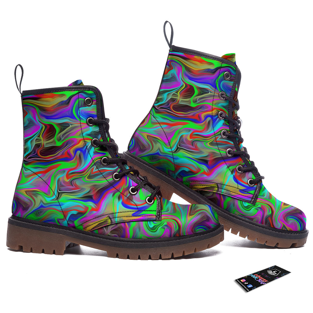 Psychedelic Trippy Neon Green Print Work Boots-grizzshop
