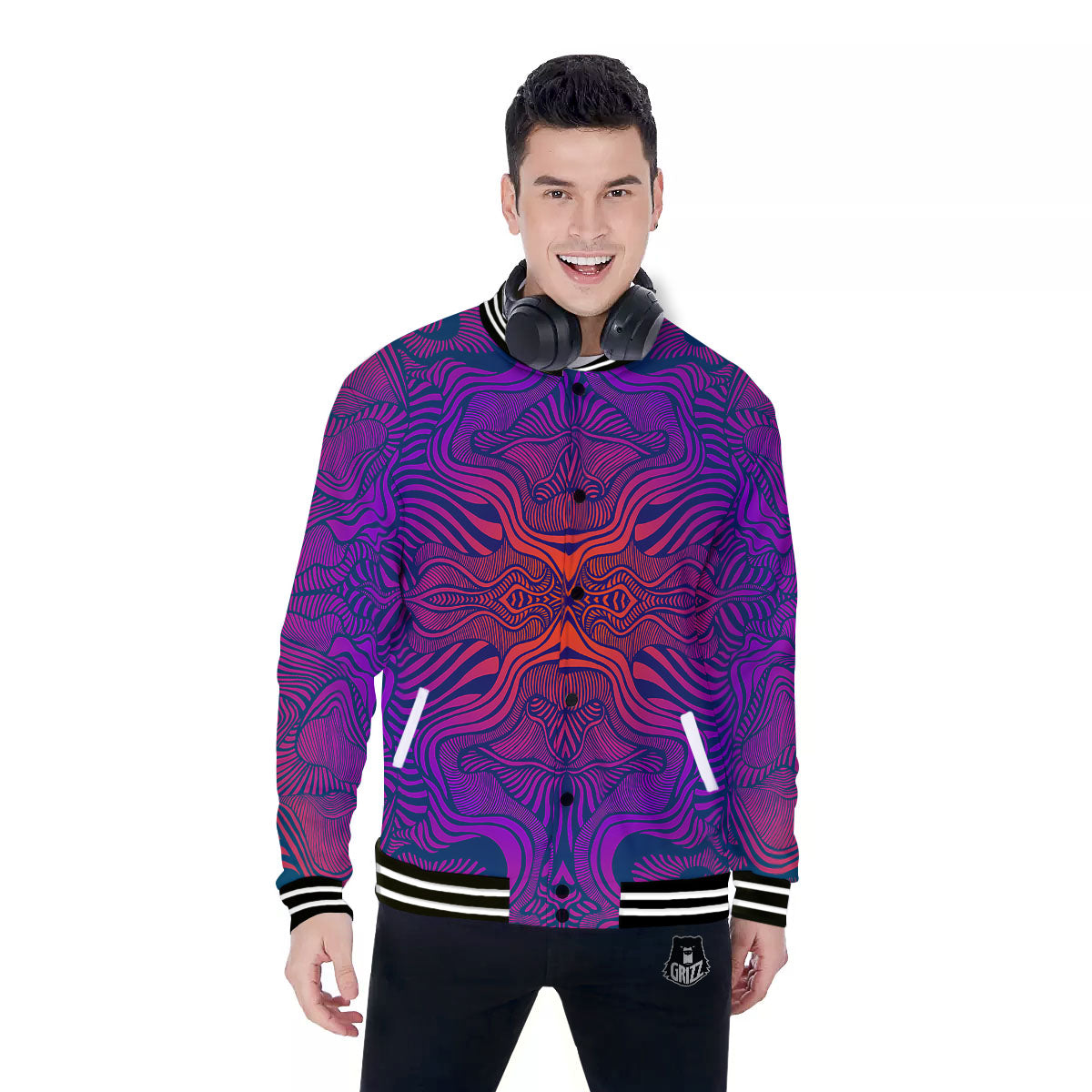 Psychedelic Trippy Ornament Print Baseball Jacket-grizzshop