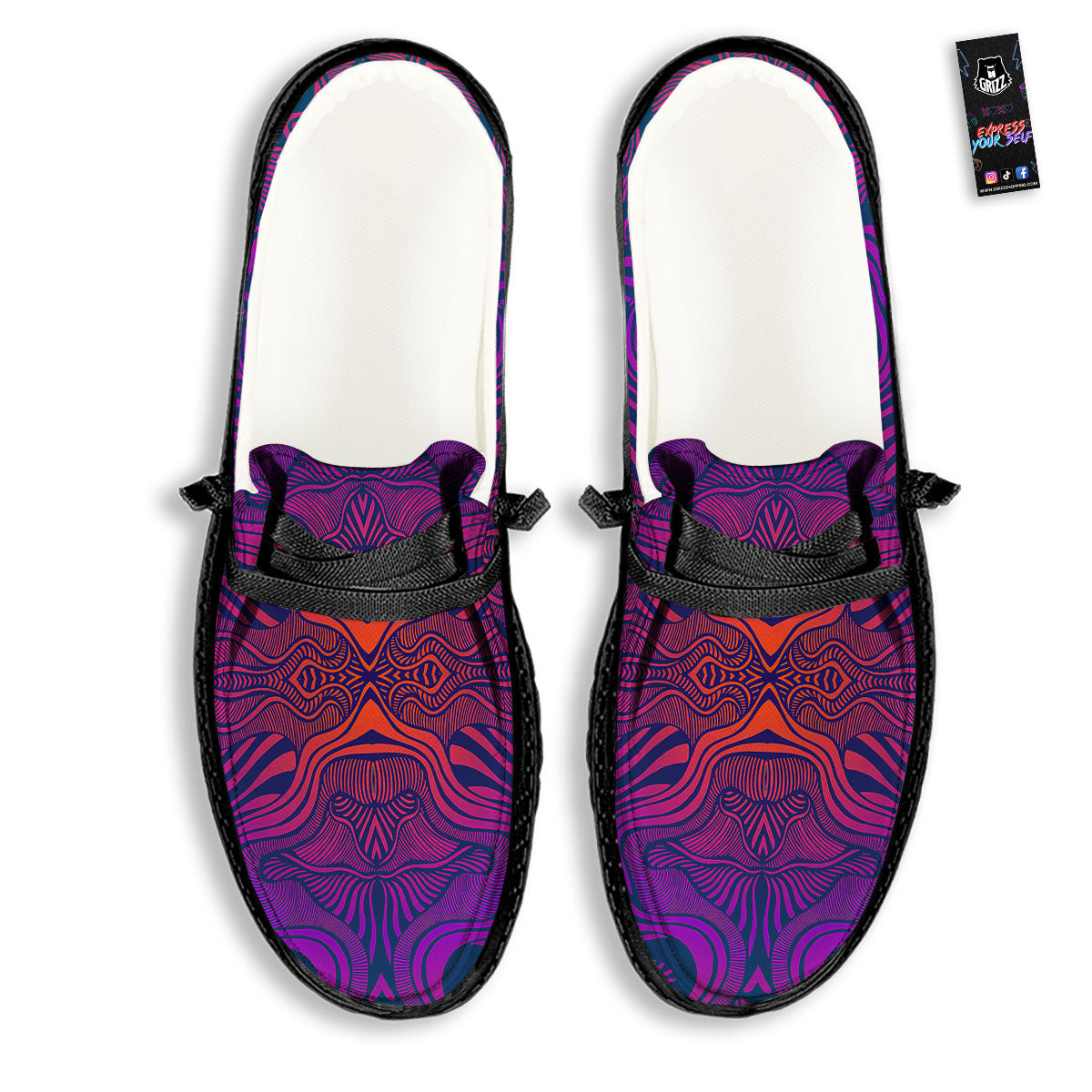 Psychedelic Trippy Ornament Print Black Loafers-grizzshop