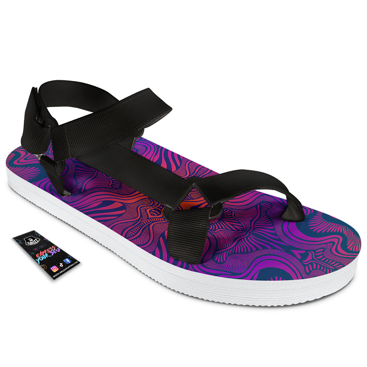 Psychedelic Trippy Ornament Print Black Open Toe Sandals-grizzshop