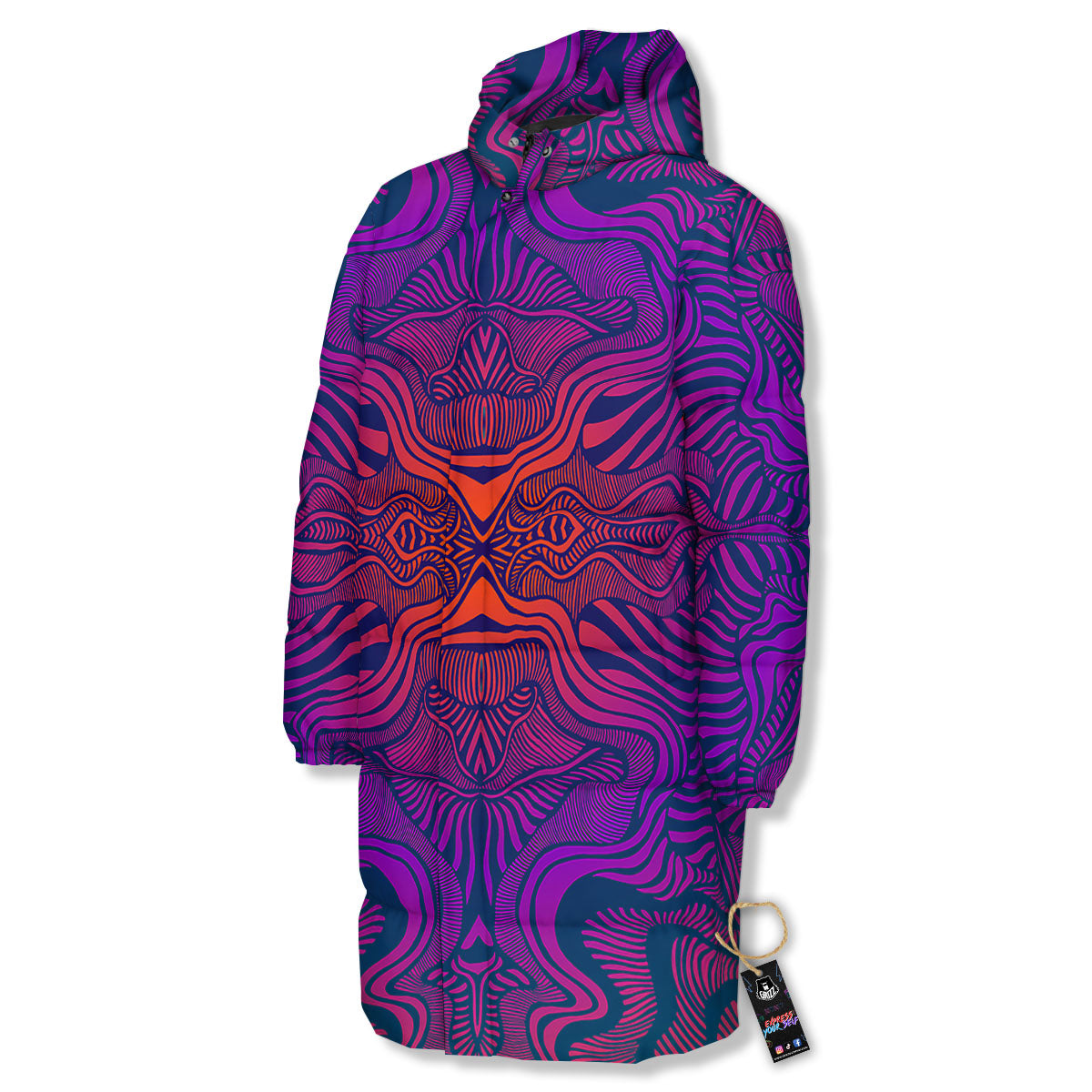 Psychedelic Trippy Ornament Print Long Down Jacket-grizzshop