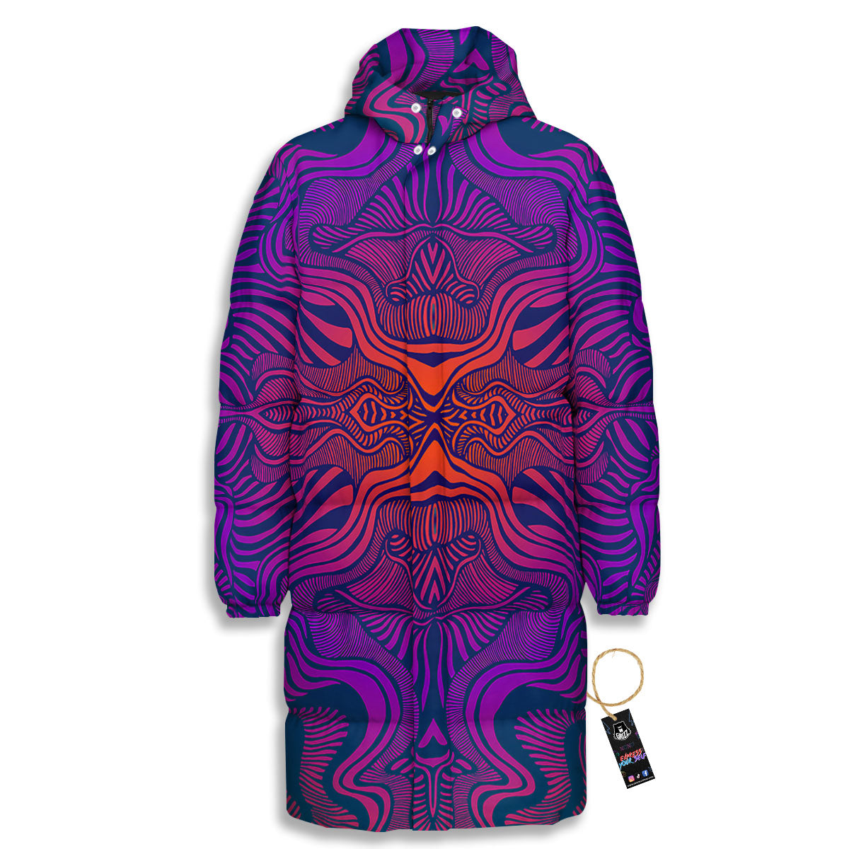 Psychedelic Trippy Ornament Print Long Down Jacket-grizzshop