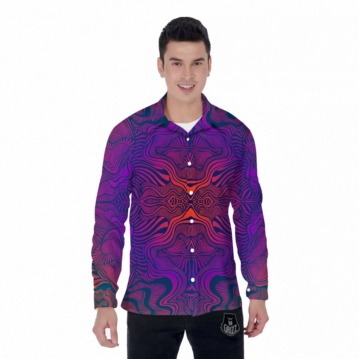 Psychedelic Trippy Ornament Print Men's Long Sleeve Shirts-grizzshop