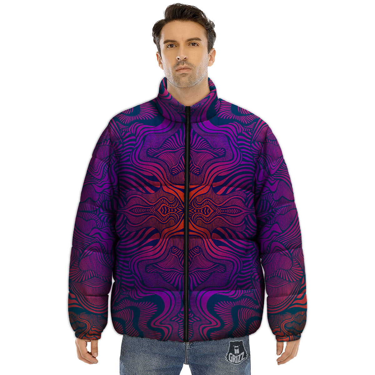 Psychedelic Trippy Ornament Print Puffer Jacket-grizzshop