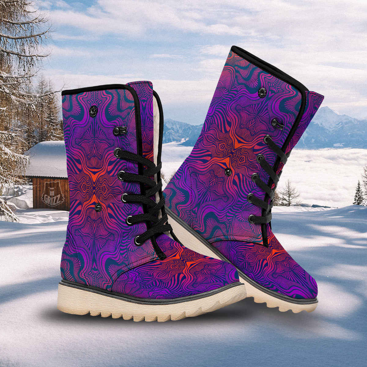 Psychedelic Trippy Ornament Print Snow Boots-grizzshop