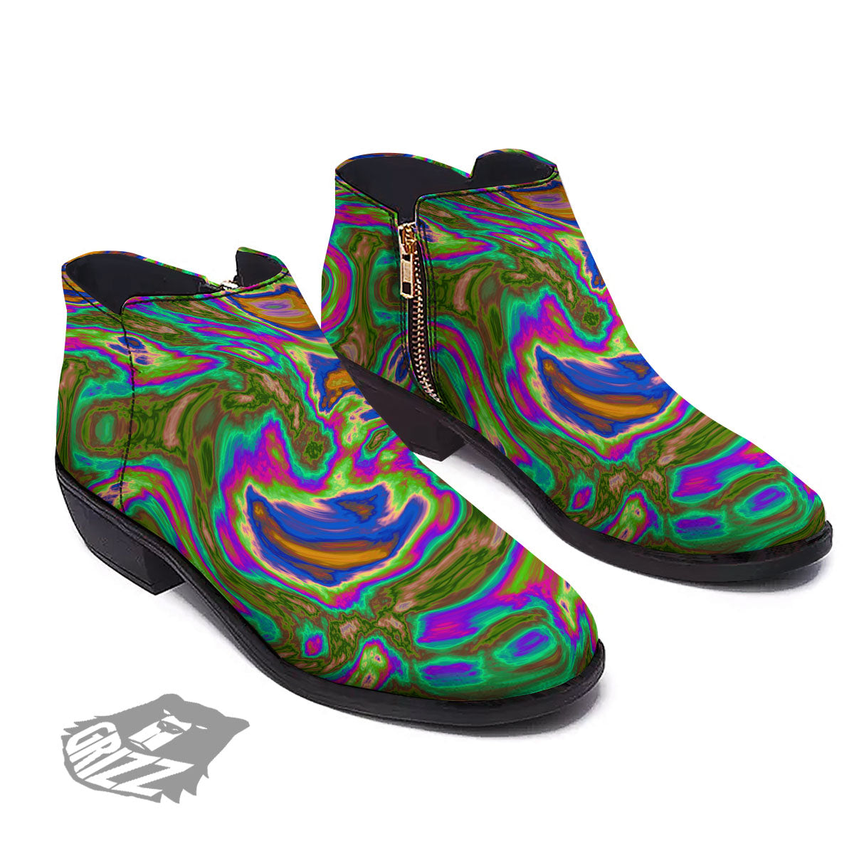 Psychedelic Trippy Purple Green Print Ankle Boots-grizzshop