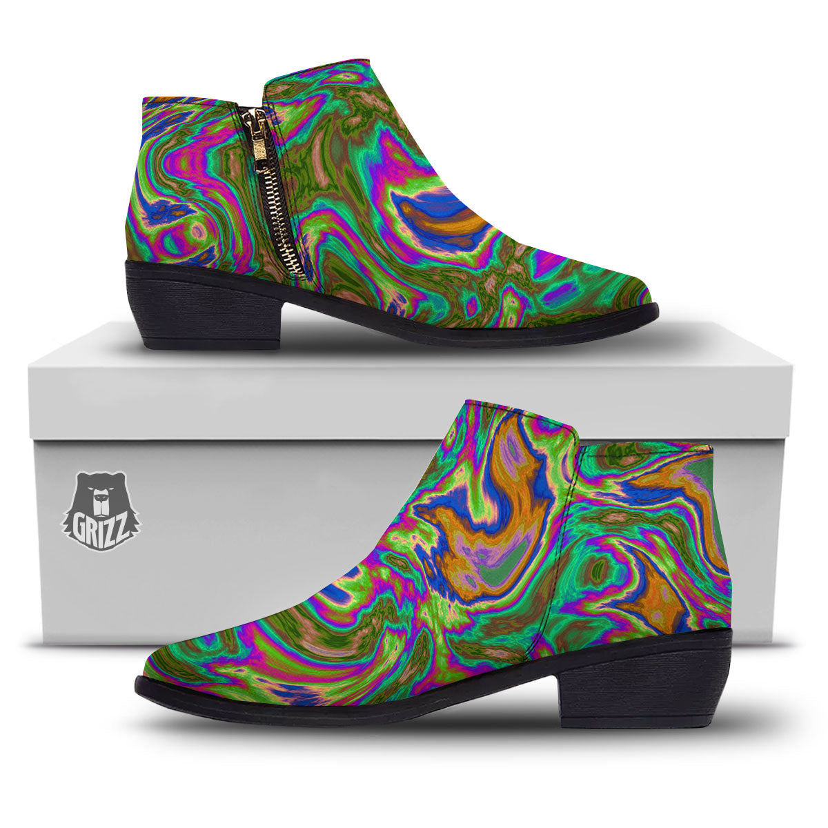 Psychedelic Trippy Purple Green Print Ankle Boots-grizzshop
